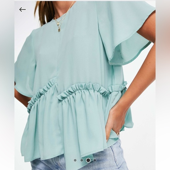 ASOS DESIGN smock top asymmetric ruffle hem sage green blue office career casual - Picture 12 of 12